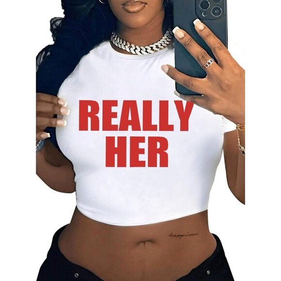 Tops - Women Graphic Crop Top Short Sleeve Letter Print Summer Casual T Shirt